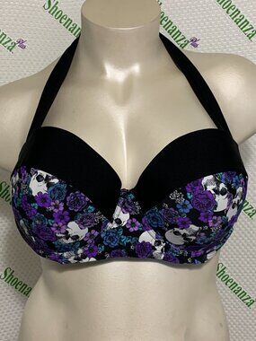 Hot Topic Swimsuit Swim Top Underwire Halter Bikini Skull Floral Self Tie Plus 2